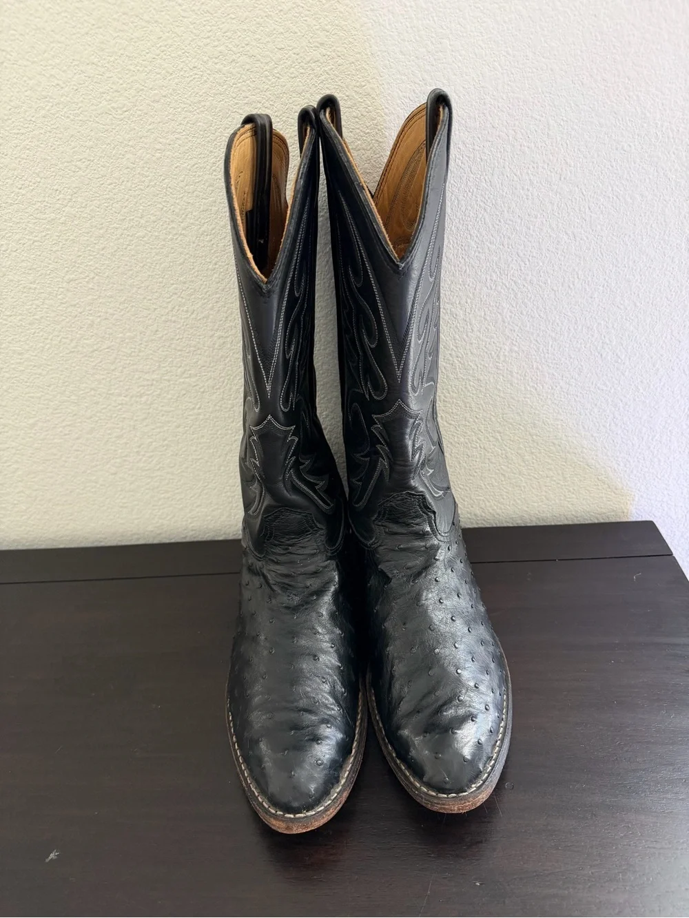 Vintage Larry Mahan Black Full Quill Ostrich Cowboy Boots White Stitching 10B M